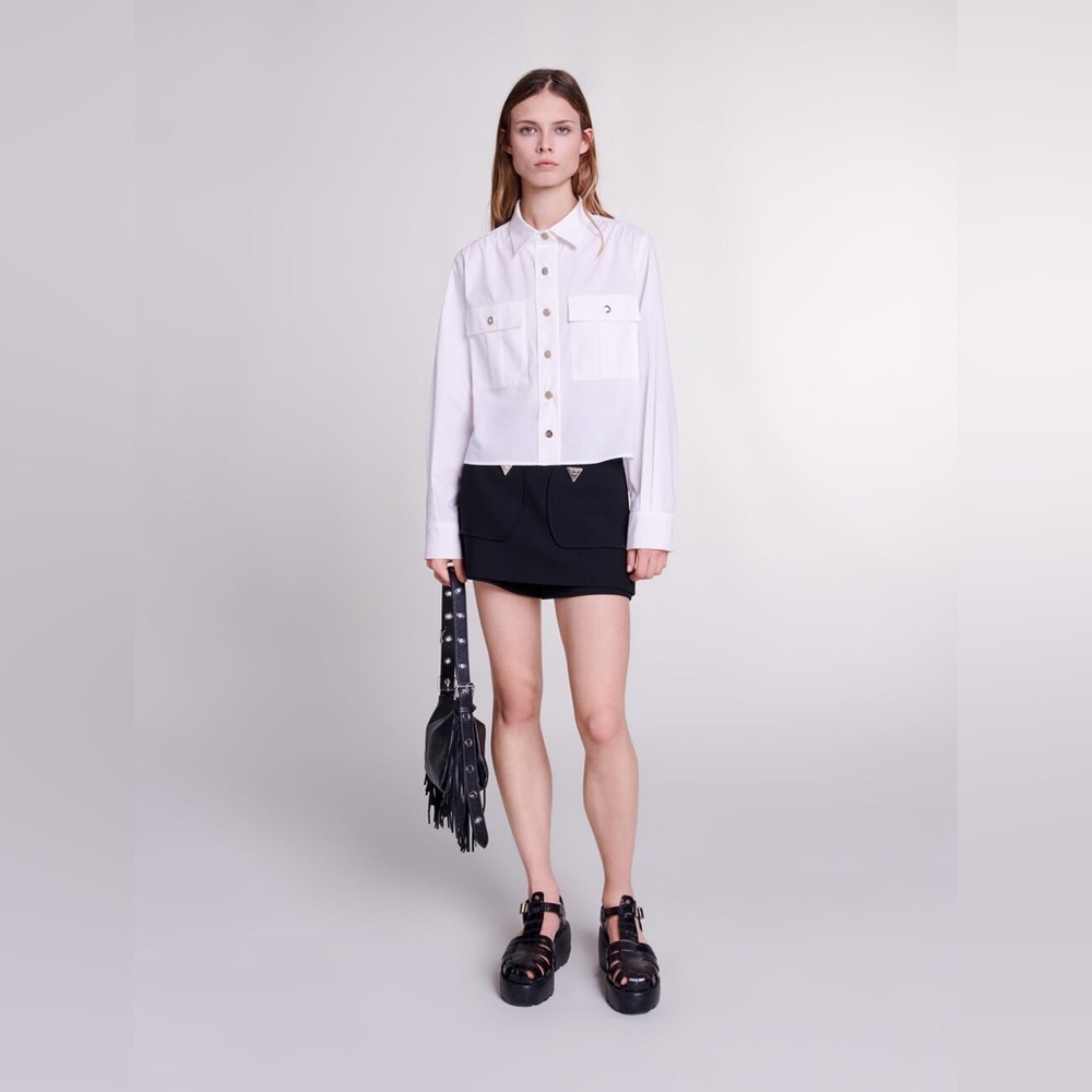 Maje Carlita Cropped Cotton Shirt in White, Size M (2) - Picture 2 of 15